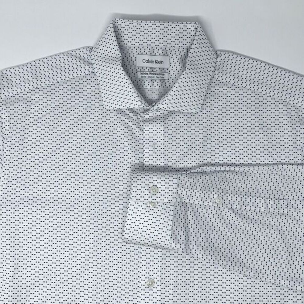 Calvin Klein Slim Fit White w/ Blue Geometic Dots Stretch Men's Shirt Size Large